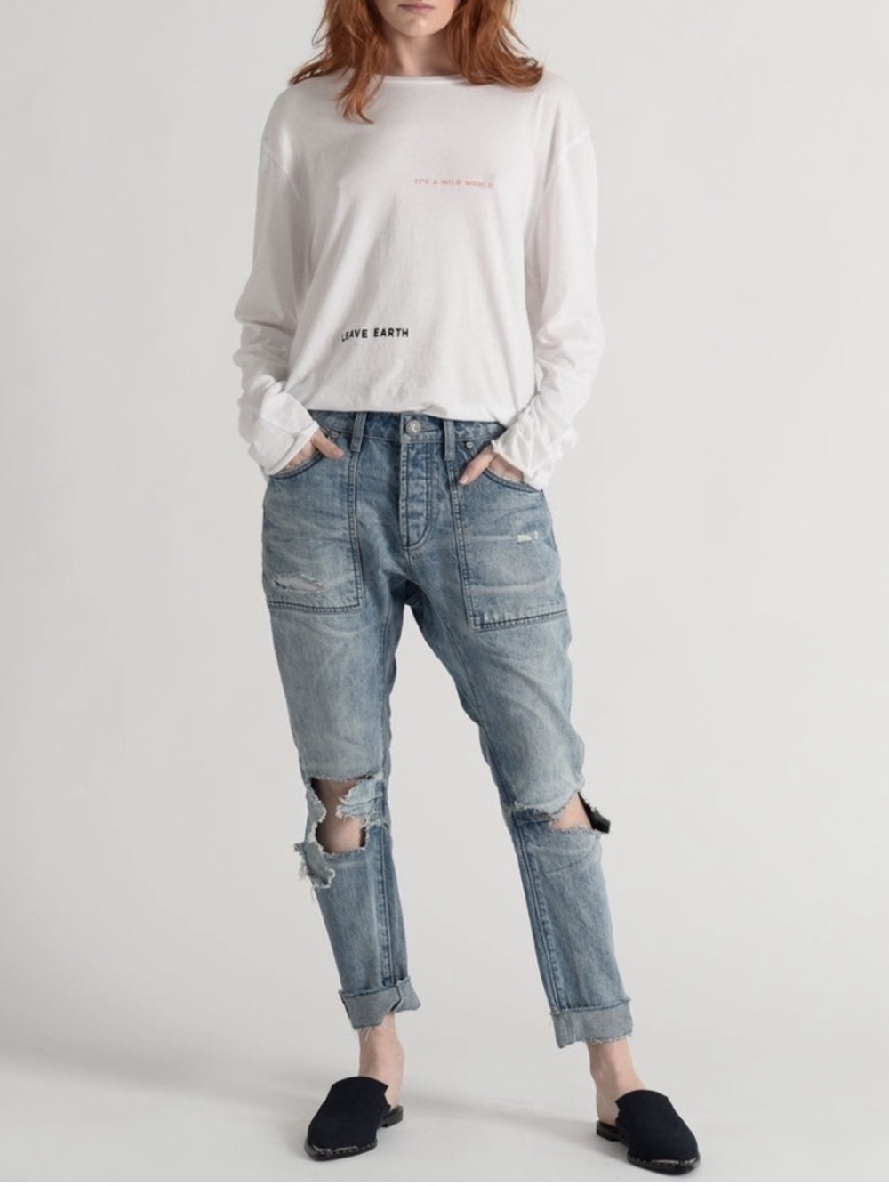 One Teaspoon Saints Baggy Boyfriend Jeans Drop Crotch Distressed Denim Cuffed 26